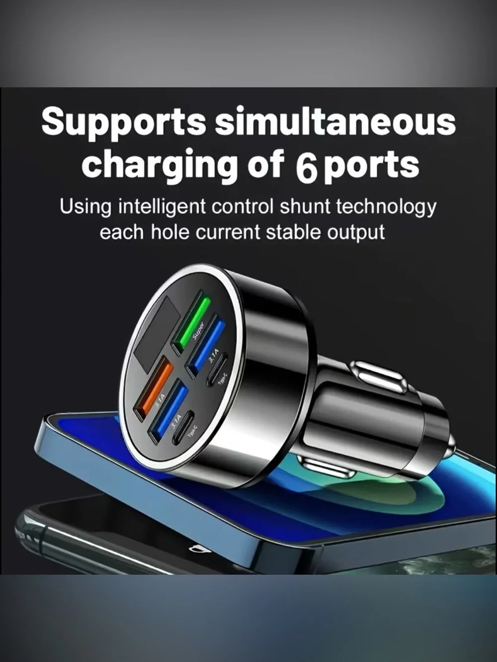 Car USB Charger with Fast Charging 6-Port Black Digital Display Multiple Devices